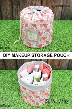 two pictures showing how to make a storage pouch for makeup and toiletries on the grass