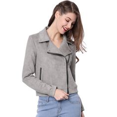 Make a smart casual look with this faux suede moto jacket. This cropped biker jacket is never out of style. The fabric is very soft and perfect thickness for all year round. Feel free to layer over blouse and chunky knit alike. Model is wearing in size XS (Height: 5'7", Chest: 33 inches, Waist: 24 inches, Hip: 36 3/8 inches, Weight: 122 lbs) Size: large. Color: gray. Gender: female. Age Group: adult. Pattern: Solid. Material: Polyester. Casual Suede Biker Jacket, Casual Suede Biker Jacket For Fall, Casual Suede Biker Jacket For Work, Trendy Suede Leather Jacket For Work, Suede Outerwear With Zipper Closure, Suede Outerwear With Zipper Closure And Long Sleeves, Suede Outerwear With Zipper And Long Sleeves, Winter Suede Biker Jacket For Workwear, Suede Biker Jacket For Workwear In Winter