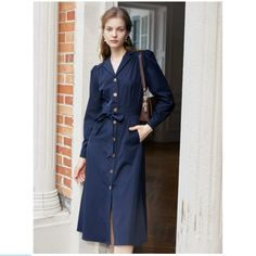 Color: Navy Blue Style: Elegant Pattern Type: Plain Details: Belted, Button Front Type: Shirt Neckline: Lapel Sleeve Length: Long Sleeve Sleeve Type: Puff Sleeve Waist Line: High Waist Hem Shaped: Straight Length: Long Fit Type: Regular Fit Fabric: Non-Stretch Material: Fabric Composition: 65% Cotton, 35% Polyester Care Instructions: Hand Wash Or Professional Dry Clean Belt: Yes Sheer: No Measurements: Waist: 30” Bust: 38” Shoulder: 14” Sleeve Length: 22” Shoulder To Waist: 15” Dress Length: 45” Classic Button-up Shirt Dress For Office, Button-up Shirt Dress With Buttoned Pockets For Work, Button-up Midi Dress For Fall Workwear, Fall Button-up Midi Dress For Office, Classic Button-up Midi Dress For Work, Classic Midi Dress With Buttons For Work, Fall Button-up Midi Dress For Work, Fall Midi Shirt Dress With Covered Buttons, Spring Office Wear Button-up Shirt Dress