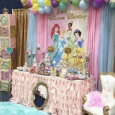 a princess themed birthday party with balloons and decorations