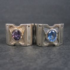 These beautiful rings are sterling silver.  Both are unfinished but I am unsure what was supposed to be in the spaces on each side of the stones - inlay? enamel?  The topaz is a size 7 and weighs 11.7 grams. The amethyst is a size 8 and weighs 12.6. Condition: Excellent Opal Cuff Bracelet, Inlay Jewelry, Stone Inlay, Turquoise Pendant, Vintage Earrings, Cuff Bracelet, Beautiful Rings, Topaz, Gemstone Rings