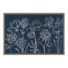 an illustration of flowers on a blue background with white outline art work in the middle