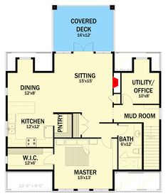 the first floor plan for a home with two master suites and an attached office area