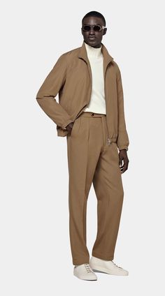 Mid Brown Bomber Jacket in Polyamide Wool Silk | SUITSUPPLY US Brown Workwear Outerwear With Ribbed Cuffs, Brown Relaxed Fit Outerwear For Work, Relaxed Fit Track Jacket For Workwear In Spring, Casual Collared Outerwear With Zip Cuffs, Brown Business Outerwear For Spring, Track Jacket For Workwear In Fall, Casual Relaxed Fit Track Jacket For Work, Brown Outerwear With Concealed Placket For Spring, Brown Spring Outerwear With Ribbed Cuffs