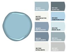 the shades of blue and gray are shown in this color chart for paint swatches