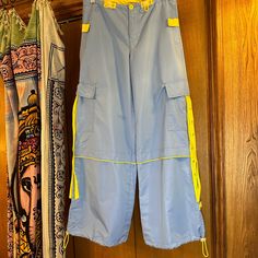 Vintage Buggirl Rave Pants Made In Korea Vintage Blue Bottoms For Festival, Rave Pants 90s, Blue Playful Playwear Pants, Blue Cotton Wide-leg Parachute Pants, Blue Full-length Parachute Pants With Side Pockets, Rave Pants, 90s Baby, Blue And Yellow, Pants Color