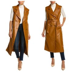 Bagatelle Belted Trench Vest Coat Belted Trench Vest Coat In Glazed Ginger With Faux Leather Design, Peak Lapel, Two Front Pockets, And Center Vent At Back Hem Approximately 48in From Shoulder To Hem Model Is 5'8 And Is Wearing A Size Medium Measurements May Vary Slightly By Size. Double-Breasted Button Closure Medium Weight Coating: 100% Polyurethane Backing: 51% Polyester, 49% Rayon Lining: 100% Polyester Machine Wash Beautiful Camel Color New With Tags B42 Cognac Colored Outerwear For Work In Fall, Cognac Outerwear For Work In Fall, Sleeveless Leather Outerwear For Work, Sleeveless Trench Coat, Trench Vest, Cropped Trench Coat, Sleeveless Trench, Lightweight Trench Coat, Leather Designs