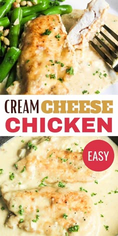 chicken with cream sauce and green beans on the side