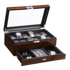 Return Policy Fast Delivery Trusted seller 12 Watch Box with Valet Drawer, Luxury Watch Case,Watch Organizer for Mens Accessories with Real Glass Top,Metal Hinge, Brown SSH02Y Product Description ATTRACTIVE DESIGN AND TOP-NOTCH CRAFT: The watch organizer is made of MDF, Interior is covered with ultra smooth faux leather, highlight unique beauty while protect watches from scratching. Creates a single location for all jewelry and you can easily decide which one you want to wear before going out WATCH & JEWELRY COMBO CASE: Double Layer design.The first layer offers 12 watch slots,It has enough room to hold large watches. As for the pull out drawer, the spaces on the side are large enough to hold extra bands, earrings, cuff-links, chains, or any other small jewelry.The ridged section in the mi Jewelry Combo, Earrings Cuff, Pull Out Drawer, Watch Organizer, Watch Jewelry, Layer Design, Unique Beauty, Small Rings, Watch Box