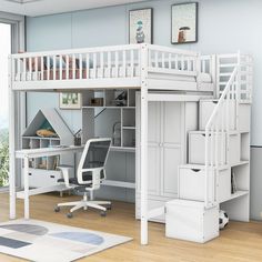 a white loft bed with desk underneath it