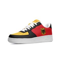 Extremely comfortable custom leather Germany sneakers in German flag colors, Bundesadler design on both sides and Germany text on the tongues - Perfect shoes to support your team on gameday. These are awesome for any Germany soccer fan, or anyone German! .: Made of leather .: Great quality! .: 3-13.5 US sizes .: Non-marking rubber outsole for traction and durability .: Perforated toe box provides breathability. .: Comfort and impact protection. I Can Ship Worldwide! ** Please allow 1-3 weeks for Custom Logo Sneakers With Round Toe For Streetwear, Streetwear Custom Sneakers With Round Toe And Logo, Custom High-top Fade-resistant Sneakers For Sports Events, Fade-resistant High-top Custom Sneakers For Sports Events, Custom Lace-up Sneakers With Rubber Sole For Sports, Custom Lace-up Sneakers For Sports With Rubber Sole, Leather Basketball Shoes For Sports, Leather Sneakers For Sports Events With Round Toe, Custom Leather Low-top Sneakers For Sports Events