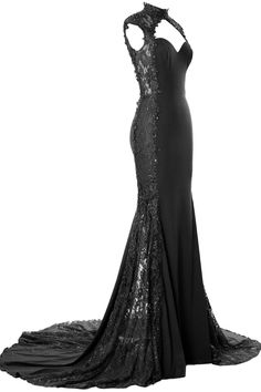 This long gown feature a high neckline completely adorned with beaded stretch lace. The sexy opening in front and back create a sensational appeal. The form-fitting silhouette with court train enhances your lovely figure. It is great for prom, formal party, celebrity party, homecoming, banquet, military ball, evening, wedding party and other special occasion.Silhouette: Mermaid/Trumpet Neckline: High Waist: Natural Hemline/Train: Floor-Length Sleeve Length: Sleeveless Embellishments: Beaded, lac Writing Outfits, Thrifting Inspiration, Slytherin Clothes, Women Prom Dresses, Mermaid High, Black Wedding Gowns, Prom Dresses Mermaid, Grad Outfits, Celebrity Party