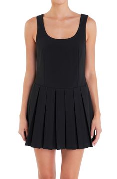 This sporty sleeveless mini is designed with a pleated skirt for swingy movement. Hidden side-zip closure Scoop neck Sleeveless Lined 96% polyester, 4% spandex Hand wash, dry flat Imported Summer Style Guide, English Factory, Casual Party Dresses, Maxi Dress Sale, Fashion Night, Pink Maxi Dress, U Neck, Sleeveless Mini Dress, Romper Pants