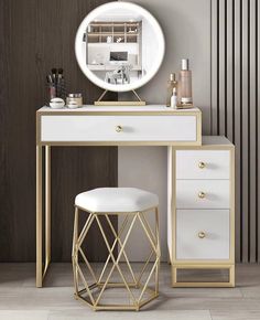 a white vanity with gold accents and a round mirror on the wall above it is next to a stool