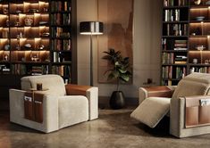 a living room filled with lots of furniture and bookshelves covered in brown bookcases