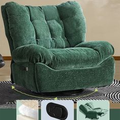 a green reclining chair sitting on top of a rug