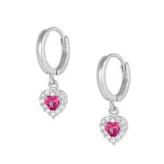 Fine jewelry for babies. These little girl's Huggie earrings are crafted of 14k white gold, each features a dangling heart adorned with a sparkling red cubic zirconia in the center to simulate July birthstone and outlined with 12 small white cubic zirconias. An elegant gift for any occasion such as holidays, birthday, baptism or christening, etc. Geode Earrings, Baby Earrings, Kids Earrings, Birthstone Gifts, White Gold Earrings, Birthstone Earring, Huggie Earrings, February Birth Stone, Girls Earrings