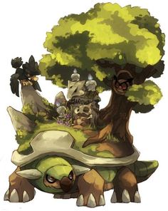 an image of a cartoon turtle with trees on it's back and people in the background