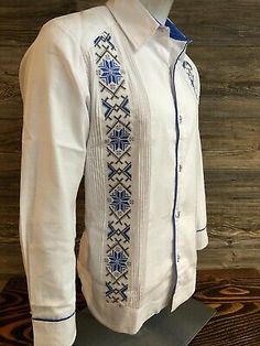 Mexican Men Guayabera Shirt Linen Long Sleeve Elegant Double Blue Embroidery | eBay Traditional Embroidered Shirt For Formal Occasions, Traditional Blue Fitted Shirt, Traditional Fitted Blue Shirt, Traditional Fit Embroidered Shirt, Formal Festive Embroidered Shirt, Festive Formal Embroidered Shirt, Festive Embroidered Fitted Shirt, Festive Fitted Embroidered Shirt, Traditional Fitted Long Sleeve Shirt