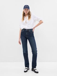 High Rise '90s Straight Jeans 90s Straight Jeans, Best Business Casual Outfits, Straight Jeans Outfit, 90s Fits, Azul Indigo, Jeans Look, Gap Women, Dark Indigo, Gap Denim