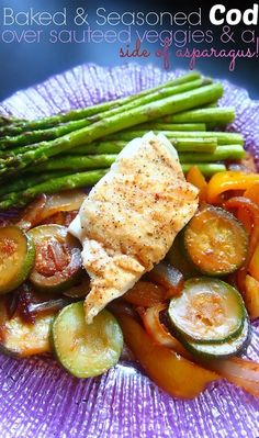 baked and seasoned fish with vegetables on a purple plate