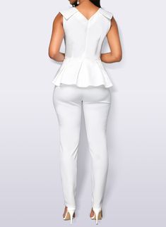 V-neck Ruffle Sleeveless Business Jumpsuit White Sleeveless Ruffled Jumpsuit, White Sleeveless Jumpsuit With Ruffles, White Sleeveless Ruffled Jumpsuits And Rompers, Sleeveless Ruffled Peplum Top For Party, Sleeveless Peplum Top With Ruffles For Party, Chic Sleeveless Peplum Top For Party, Elegant Sleeveless Ruffled Jumpsuits And Rompers, Fitted Sleeveless Jumpsuit With Ruffles, White V-neck Jumpsuit With Ruffles