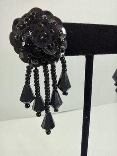 Elegant Black Dangle Flower Earrings, Antique Black Drop Earrings, Black Victorian Dangle Earrings, Luxury Vintage Black Earrings, Elegant Black Flower-shaped Earrings, Beaded Tassels, Black Sequins, Flower Making, Beautiful Roses