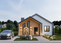 two cars parked in front of a house with lights on the windows and doors,