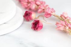 some pink flowers on a white plate and marble table top with two plates in the background