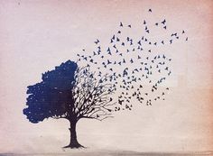 a tree with birds flying in the sky next to it and an inspirational quote about happiness