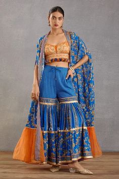 Shop for Torani Blue Slub Silk Rang Shyam Husn Jacket Sharara Set for Women Online at Aza Fashions Sharara Jacket, Jacket Sharara, Printed Sharara, Traditional Indian Outfits, Persian Blue, Sharara Set, Pattern Embroidery, Indian Fashion Designers, Orange Fabric