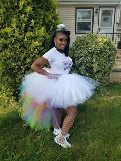 "This listing includes a White and Light Pink hi lo tutu for waist sizes up to 34 1/2\" can be made larger if interested contact me for a special listing. Other colors also available just message me to see about a custom made hi lo tutu that would be perfect for you! The last five photos show the same lengths but in a solid lavender color and a white with rainbow back. Tutu pictured is a 15\" tutu in front with a longest layer in the back of 34\". If you would like the front any longer as well a Tutu And Tennis Shoes Party Ideas, Tutu And Sneakers Outfit, Tutu Outfits For Women, Sneaker Ball Party Outfit, Sneakerball Outfits Women, Sneaker Ball Outfit Ideas, Maternity Tutu, Bachelorette Tutu, Bride To Be Bachelorette