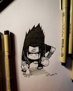 an ink drawing of a cartoon character with black hair and big eyes sitting on top of a pile of books