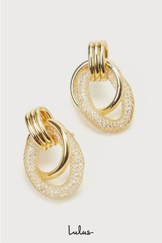 Sophisticated style will be your middle name, thanks to the Lulus Luxuriously Linked Gold Rhinestone Wire Door Knocker Earrings! Shiny, gold-toned metal shapes these elegant earrings that have a door knocker-inspired shape with two interlocking hoops, one with a solid round design and one with an oval-shaped, wire mesh design that holds a collection of glittering rhinestones. Post backs. 1. 25" long. Man made materials. Imported. Lulus | Luxuriously Linked Gold Rhinestone Wire Door Knocker Earri Gold Metal Hoop Earrings For Evening, Gold-tone Glamorous Earrings For Formal Occasions, Glamorous Gold-tone Gold-plated Earrings, Glamorous Gold-tone Gold Plated Earrings, Glamorous Gold Hoop Earrings For Evening, Glamorous Gold-tone Earrings For Formal Occasions, Glamorous Gold-tone Formal Earrings, Glamorous Gold-tone Metal Earrings, Glamorous Gold Hoop Earrings For Party