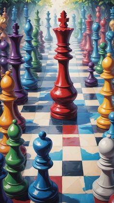 a painting of colorful chess pieces on a checkerboard floor with trees in the background