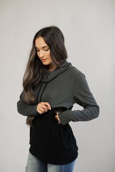 Nursing Clothes - Nursing Tops for Breastfeeding - Nursing Hoodie - Nursing Colorblock Pullover with Black Sporty Top With Funnel Neck, Black Sporty Funnel Neck Tops, Sporty Black Top With Funnel Neck, Sporty Black Funnel Neck Top, Gray Hooded Tops For Layering, Black Funnel Neck Sweater For Layering, Black Hoodie For Winter Layering, Black Hoodie For Fall Layering, Black Hoodie Tops For Loungewear