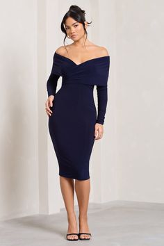 Flatter Me | Navy Twist Front Bardot Midi Dress Glam Gown, Midi Bridesmaid Dress, Bardot Midi Dress, Velvet Prom Dress, Bachelorette Party Outfit, Bardot Neckline, Black Tie Gala, Maxi Dress Prom, Red Mini Dress