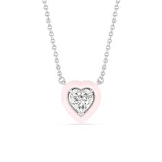 Embrace a subtle pop of color. This pendant necklace features a heart-shaped diamond expertly set on a frame in ceramic finish. Luxury White Necklace For Valentine's Day, Heart Pendant Necklace With Bezel Setting, Pink Diamond Heart Cut Necklace, Pink Heart-shaped Diamond Necklace, Luxury Pink Heart Cut Necklace, White Heart Pendant Jewelry With Single Diamond, White Single Diamond Heart Pendant Jewelry, Pink Diamond Heart Charm Necklace, Pink Diamond Necklace With Heart Charm