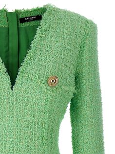 Tweed dress with logo button appliqué, V-neck, shoulder pads, long sleeves, back zip closure. Composition: 79% pa, 15% wv, 6% co | Balmain Women's Logo Button Tweed Dress in Green | SS24 Balmain Tweed Dress, Balmain Tweed, Balmain Clothing, New York Summer, Short Dress White, Green Tweed, Tweed Dress, Couture Collection, Blouse Dress