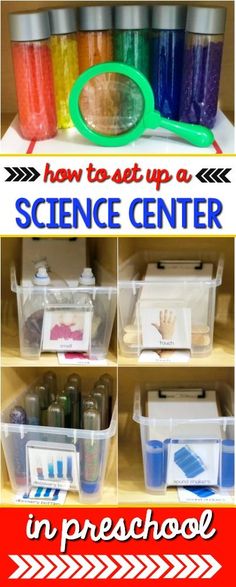 an image of science center with bins and containers on the bottom, labeled how to set up a science center in preschool