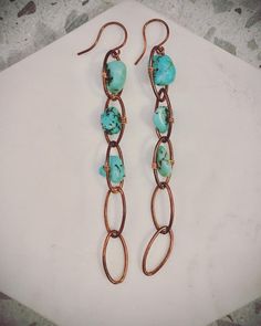 Copper and turquoise dangles are a subtle statement for your average boho queen. Turquoise is frequently paired with silver due to the stark contrast, but I've found that copper makes turquoise pop and provides a more modern industrial look! Turquoise Artisan Electroformed Earrings, Turquoise Copper Earrings, Copper And Turquoise, Boho Queen, Diy Jewlery, Earring Ideas, Copper Patina, Jewelry Show, Ear Rings