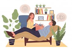 a man and woman sitting on a chair in front of a bookshelf with plants