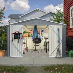 an outdoor storage shed with the doors open and various tools in it, including a bbq