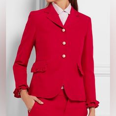 Brand New With Tags. Color Is Hibiscus Red Bubble. Size 38 And 40 Available. Gucci Blazer In Wool (51%) And Silk (49%) With Ruffled Trims. Two Flap Pockets, Faux Pearl Buttons With Gg In Antique Gold-Tone. Lined In Pink Acetate (71%) And Silk (29%). Gucci Blazer, Off Shoulder Jacket, Suede Suit, Pearl Jacket, Gucci Denim, Hibiscus Red, Gucci Jacket, Burgundy Blazer, Collarless Jacket