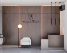 a white chair sitting in front of a wooden wall with the name miller & moller on it