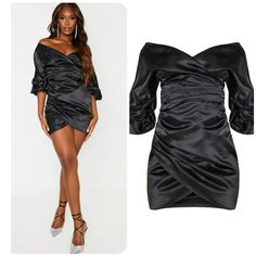 Prettylittlething Off The Shoulder Satin Dress Size Us 6 Details: Black Satin Fabric With Ruched Side Detailing And A Zip Fastening / 100% Polyester Measurements: Approx Legnth 34" Black Satin Knee-length Mini Dress, Black Satin Off-shoulder Dress, Off-shoulder Mini Dress For Party Season Dinner, Off-shoulder Mini Dress For Dinner Party, Black Satin Mini Dress For Dinner, Dressy Mini Dress For Dinner, Black Off-shoulder Dinner Dress, Black Mini Length Bodycon Dress For Dinner, Black Satin Short Sleeve Dress