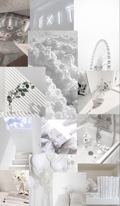 a collage of photos with white clouds and flowers in them, including a ferris wheel