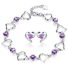 Cheap Purple Heart-shaped Beaded Bracelets, Crystal Jewelry With Heart Beads And Heart Cut, Crystal Heart Cut Jewelry With Heart Beads, Crystal Heart Bracelet Gift, Crystal Heart Beads Jewelry, Purple Cubic Zirconia Jewelry For Valentine's Day, Purple Sterling Silver Heart Jewelry, Purple Heart Sterling Silver Jewelry, Purple Double Heart Jewelry With Heart Charm