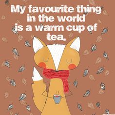 a cartoon fox with a scarf around its neck and the words, my favorite thing in the world is a warm cup of tea