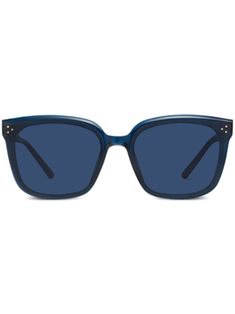 navy blue square frame blue tinted lenses UV protection silver-tone hardware straight arms straight tips These glasses come with a protective case.